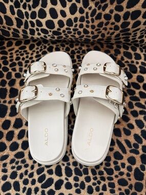 ALDO Ivory Jeweled Double-Buckle Slide Sandals